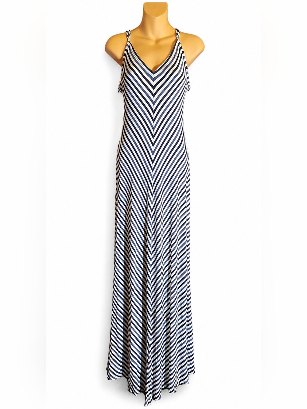 Title TruHearts Maxi Dress M Blue White Striped Chevron V Neck Adjustable Strap